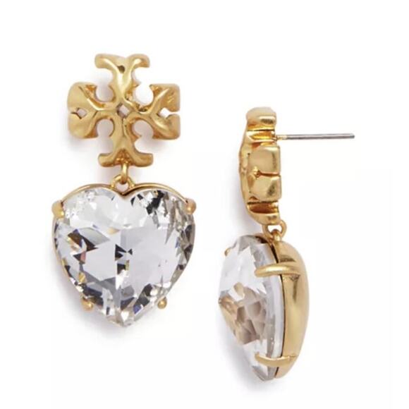 NEW Tory Burch Roxanne Czech Stone Heart Drop Earrings Bold Gold Logo Statement - Picture 1 of 7